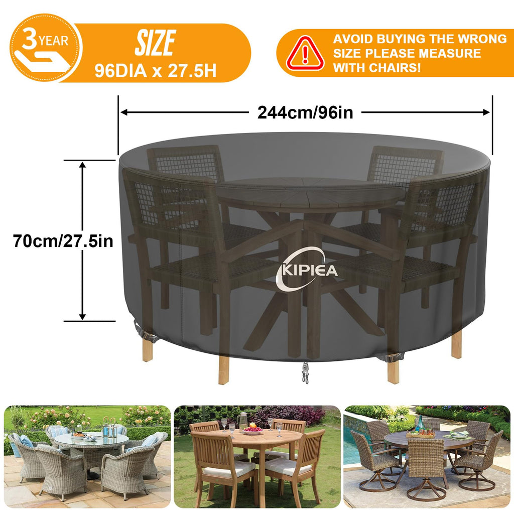 Round Patio Table Cover Waterproof, Heavy-Duty Round Patio Furniture Covers, No Tears Anti UV No Fading (96" Dia x