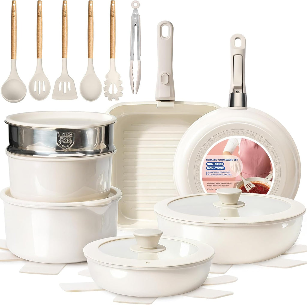 Nonstick Pots and Pans Set - Ceramic Cookware Set with Detachable Handle - 25 Pack Healthy Pans Set for Cooking