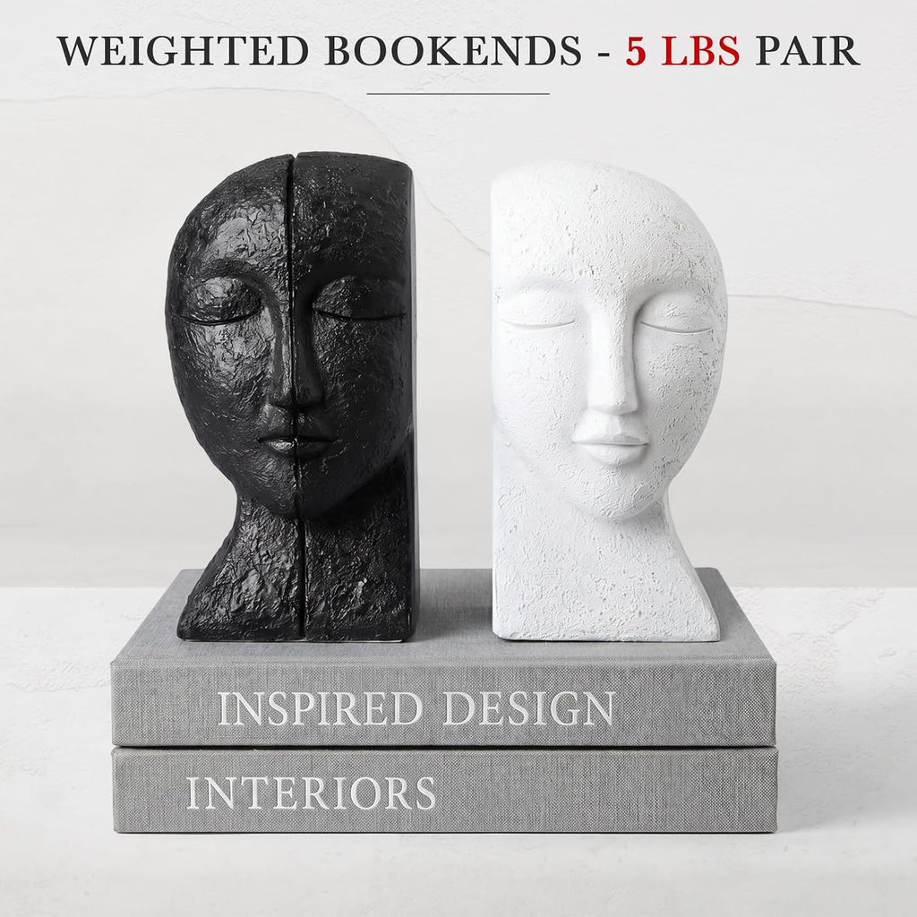 Heavy Duty Book Ends for Shelves, Solid Concrete Sculptural Faces Bookends for Heavy Books, Modern Decorative Book