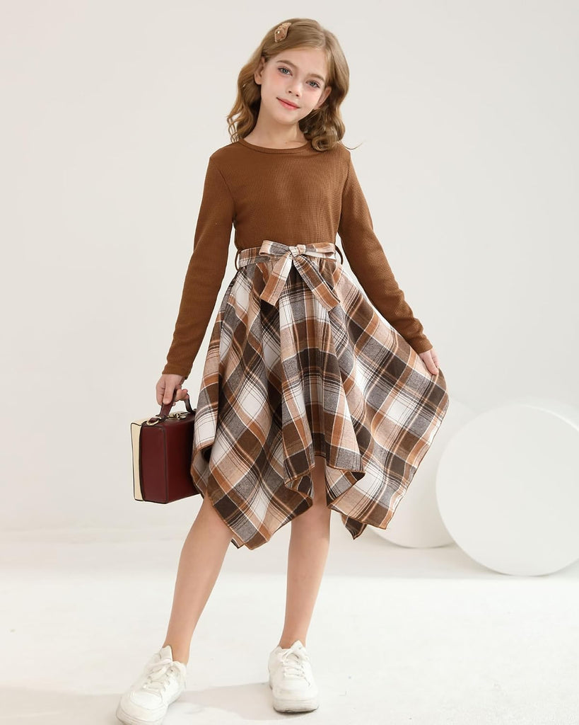 Girls Fall Dress Long Sleeve Casual Plaid Irregular Dresses