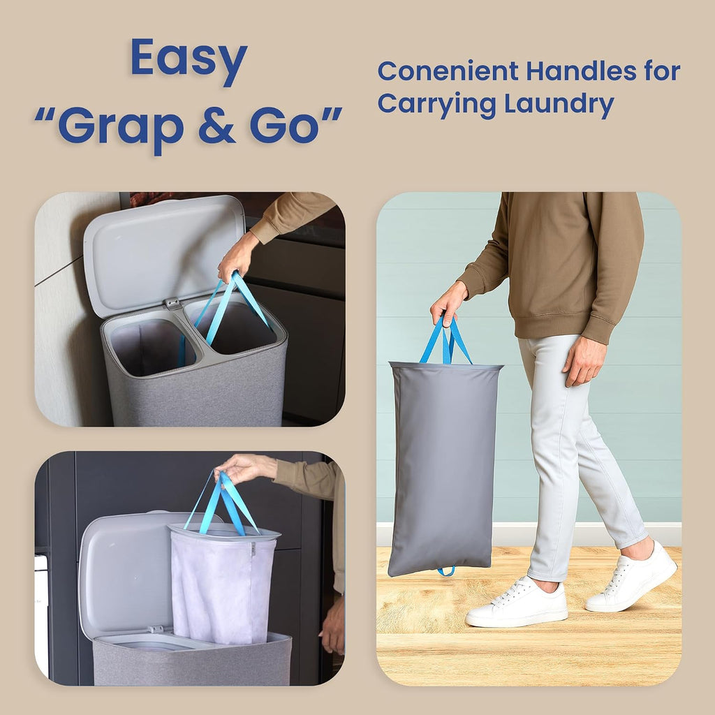 Dual Section 90L Laundry Basket with Wheels and Lid - Tall divided Double Laundry Hamper with 2 Removable Washable