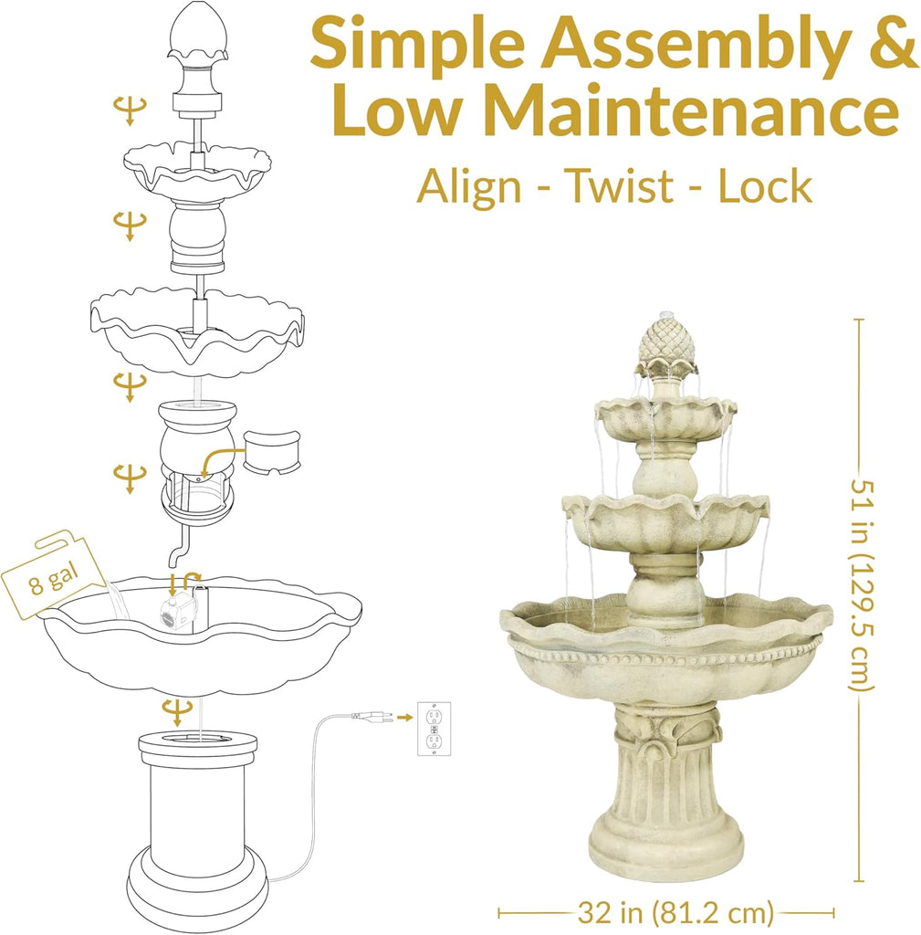 51-Inch 3-Tier Water Fountain - Electric Outdoor Fountain with Pineapple Top - Outdoor Patio & Garden Water Feature
