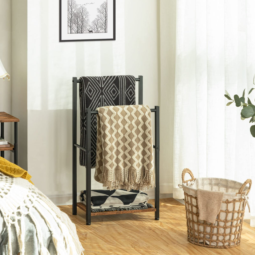 Free Standing Towel Rack, 2 Tier Blanket Rack, 16.5" L x 9.4" W x 31.5" H, Blanket Holder, Drying and Display Rack