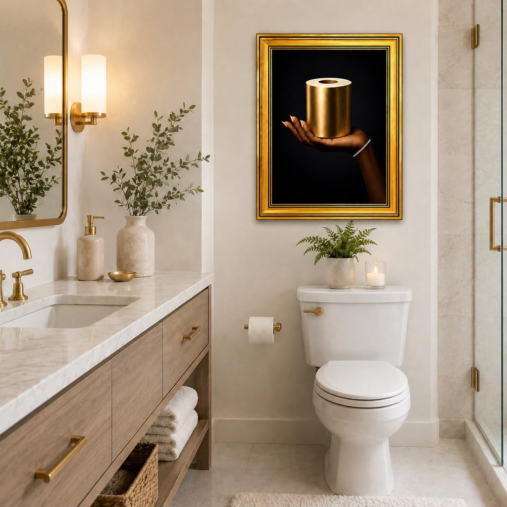 Luxury Gold Toilet Paper Wall Art Framed Canvas Print Modern Bathroom Poster Elegant Picture Gallery Artwork