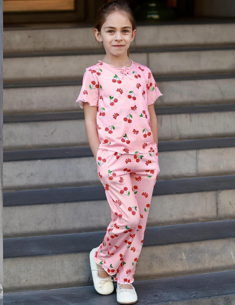 Girls Pajamas Short Sleeve Long Pant Sleepwear Soft Shirring Pjs