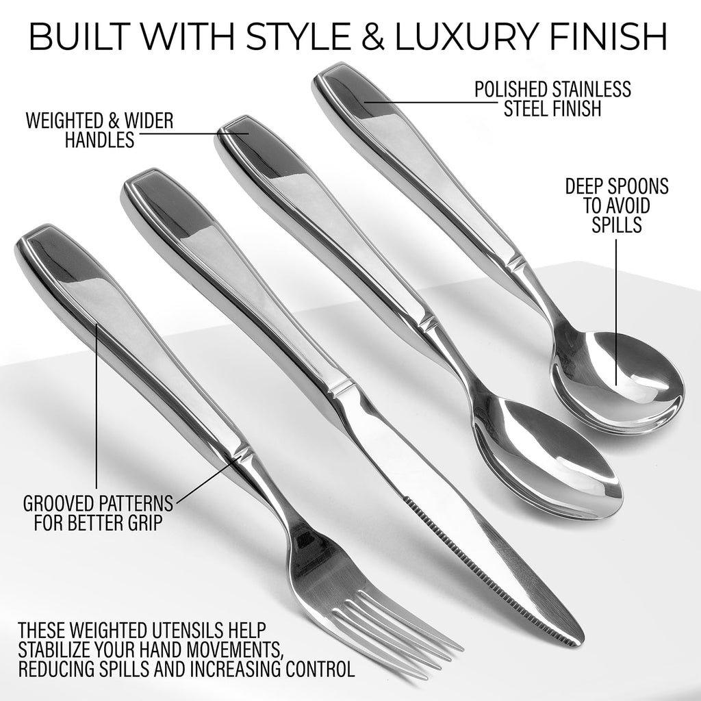 Weighted Utensils for Hand Tremors and Parkinson's Patients - 4 Piece Set Weighted Silverware for Elderly, Arthritis