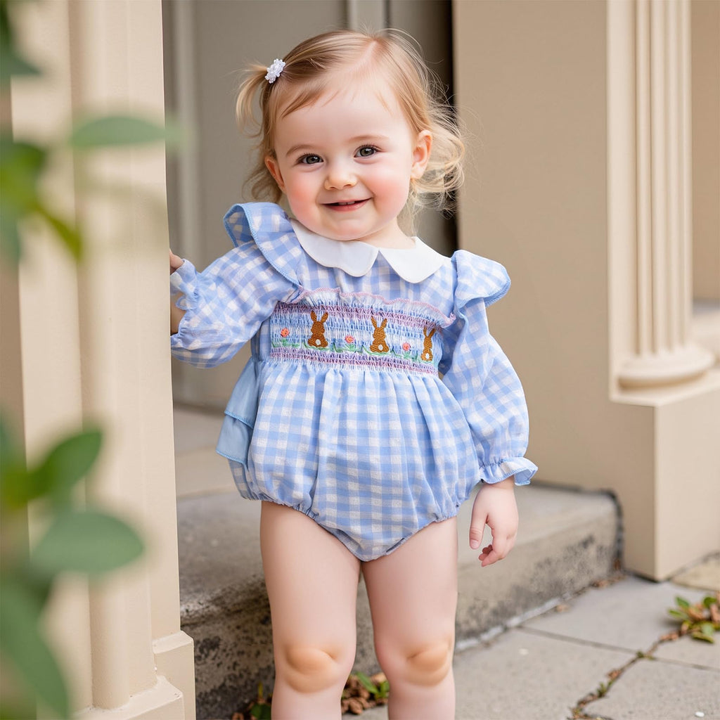 Baby Girl Easter Outfit Newborn Bunny Bubble Romper Long Sleeve Embroidery Jumpsuit Cute Smocked Clothes (Easter