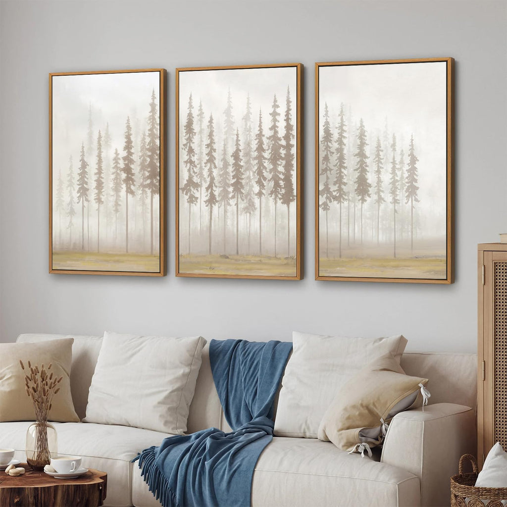 Large Pine Tree Framed Canvas Wall Art Set, Foggy Forest Landscape Wall Decor, Modern Beige Nature Artwork, Misty