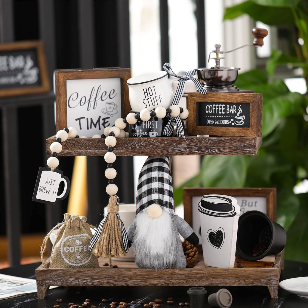 Coffee Bar Decor Set, Farmhouse Tiered Tray Decor Accessories, Rustic Coffee Station Tabletop Wooden Signs - Set of 8