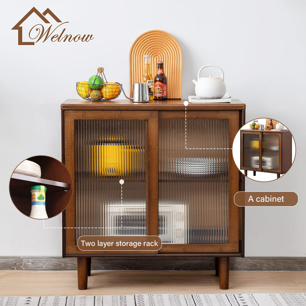 Buffet Cabinet, Bamboo Sideboard with Storage Kitchen Display Cabinet with 2-Tier Shelves Boho Coffee Bar Tables