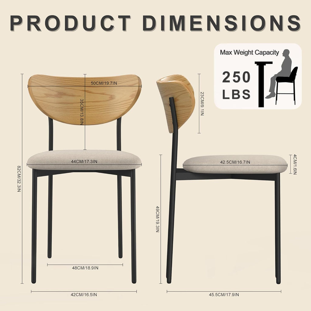 Beige Dining Chairs Set of 4, Upholstered Modern Kitchen Chairs with Curved Wood Backrest and Metal Legs for Dining Room