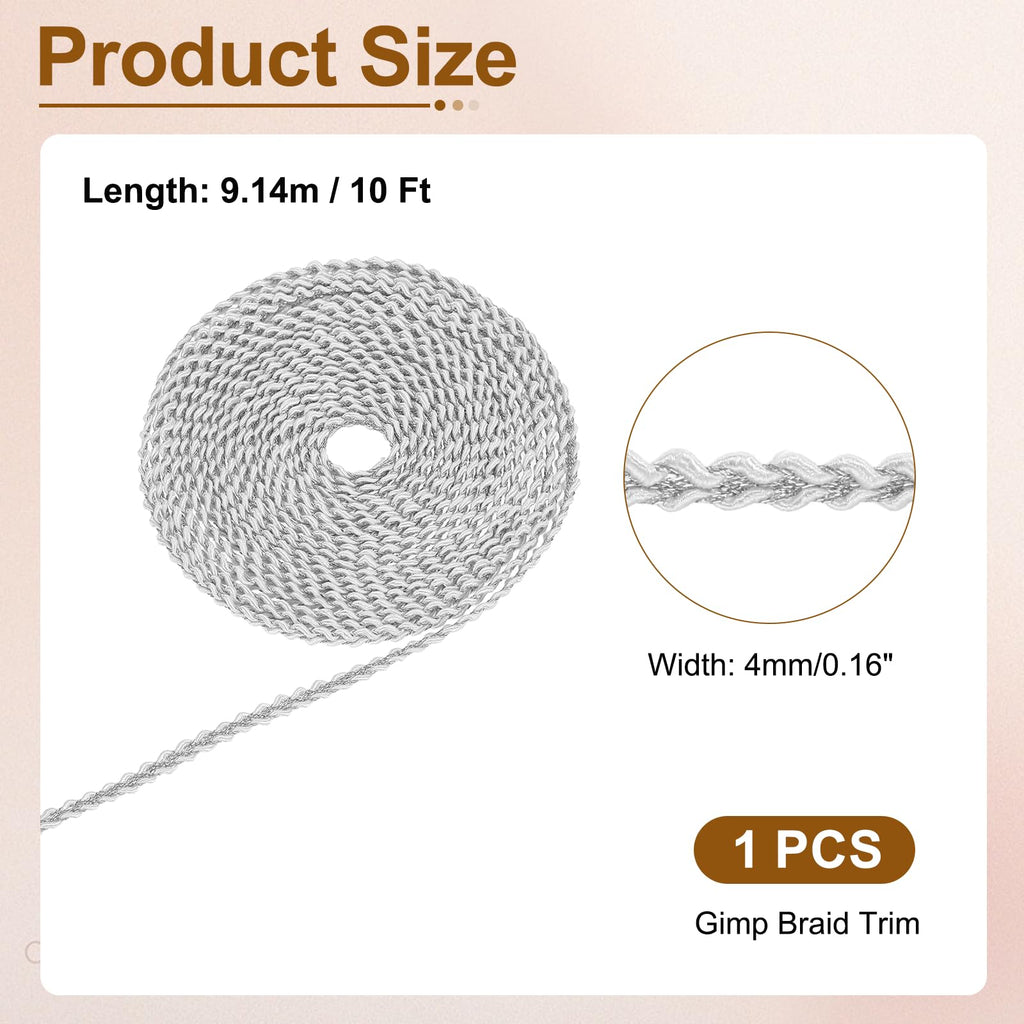 Gimp Braid Trim 1/8" Woven Braid Ribbon White/Silver