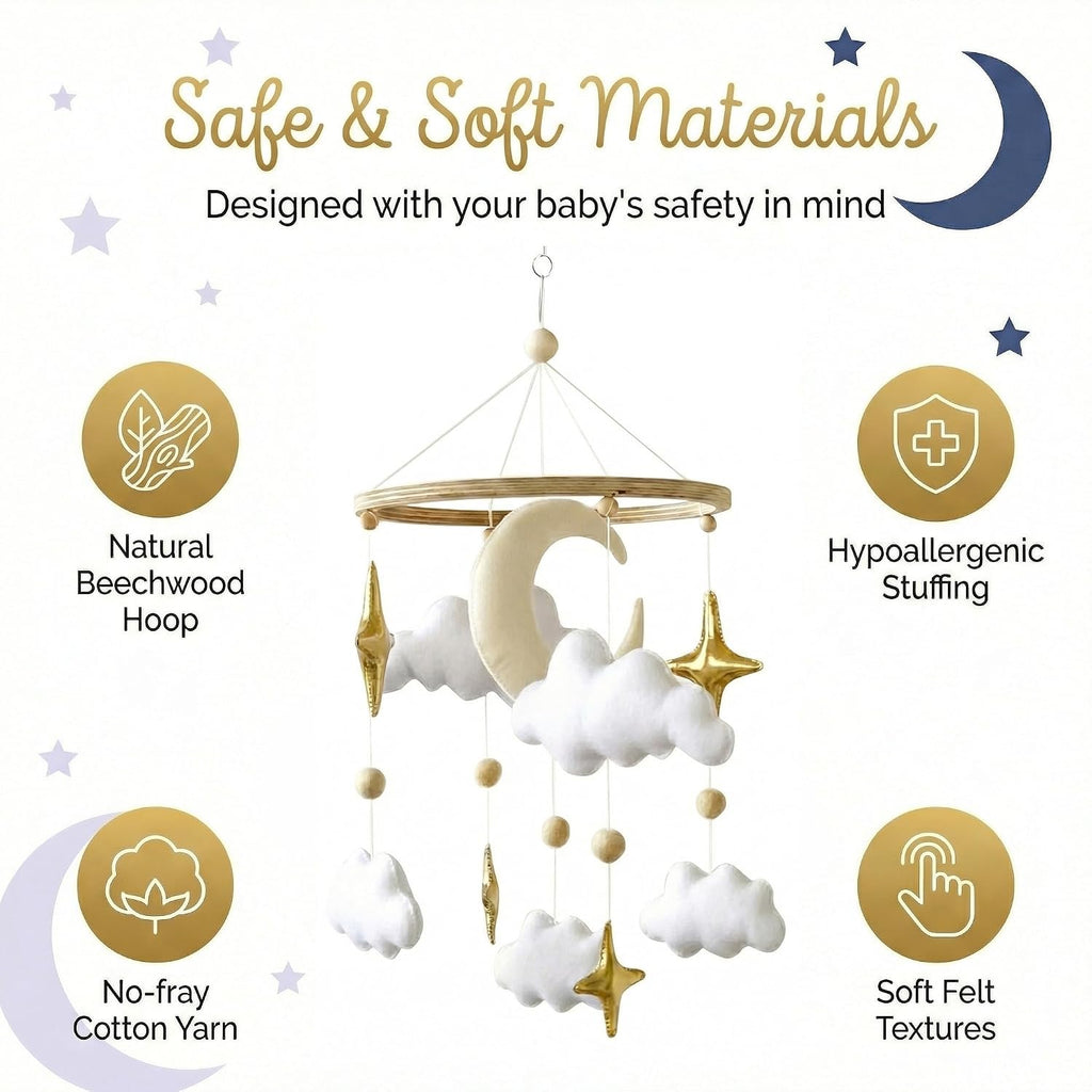 Baby Mobile for Crib - Nursery Decor, Gold Moon, Stars & Clouds