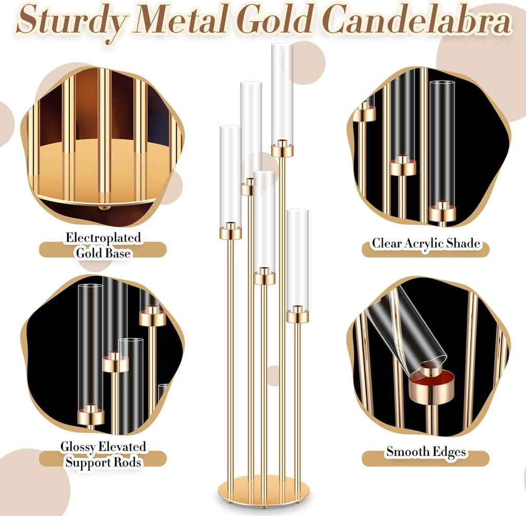4 Sets Acrylic Candelabra Centerpieces 42.5" Tall Clear Candle Holders Pillar Taper Candlestick with Lampshades 5 Arm