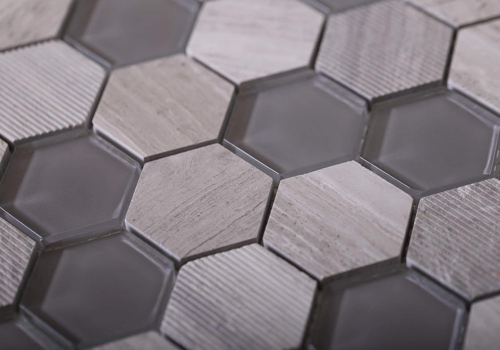 Hexagon Mosaic Glass & Marble Tile Grey 11.8x12 Polished 4.92 sq ft 5-Pack | Mesh-mounted natural stone. Kitchen