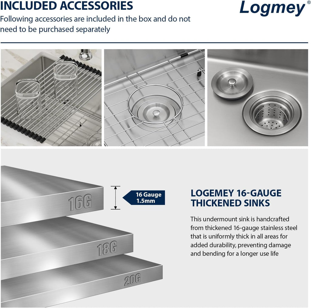 32 Inch Undermount Kitchen Sink | Stainless Steel 16 Gauge Single Bowl Under Counter Handmade Brushed Basin, 32x18x9