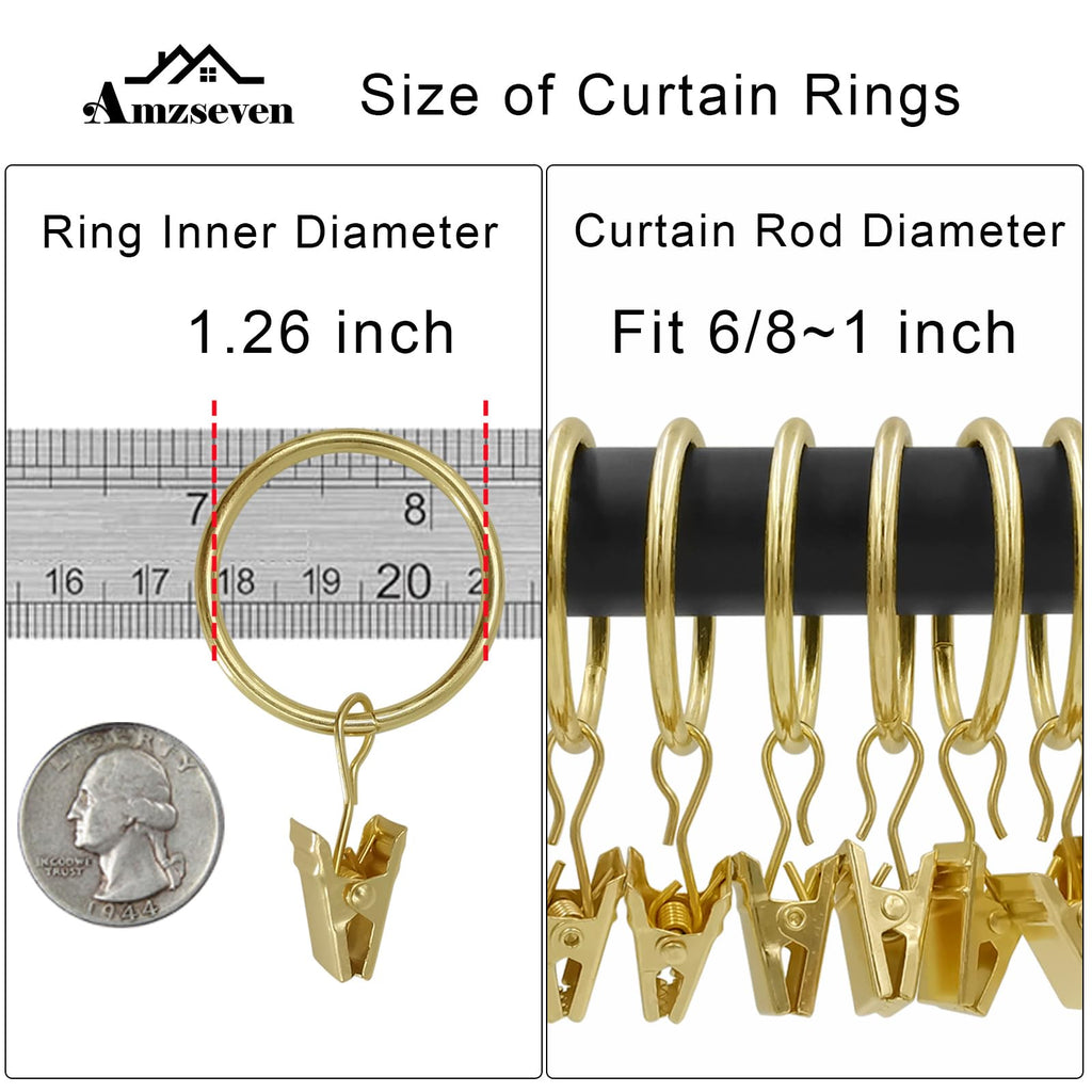40 Pack Metal Curtain Rings with Clips, 1.26 in ID, Gold