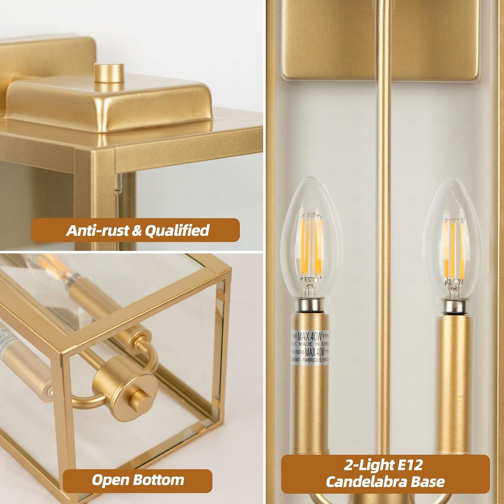 16" Gold 2-Light Outdoor Wall Lantern, IP65 Waterproof Brass Porch Light