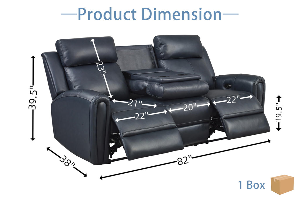 Blue Genuine Leather Power Recliner Sofa Couch with USB Port.