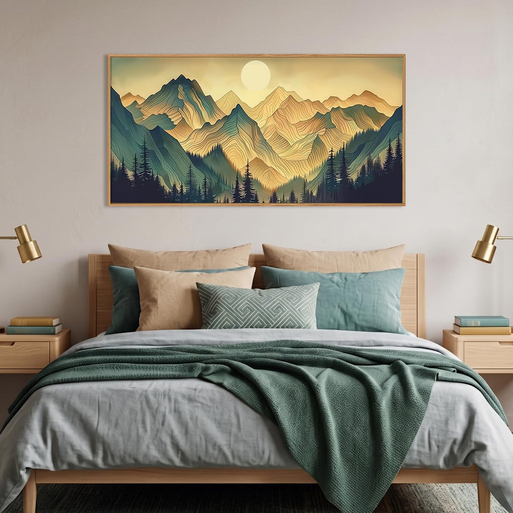Boho Green Mountain Landscape Framed Canvas Wall Art Set, Abstract Sun Forest Scenery Wall Decor, Bohemian Ridge Lines