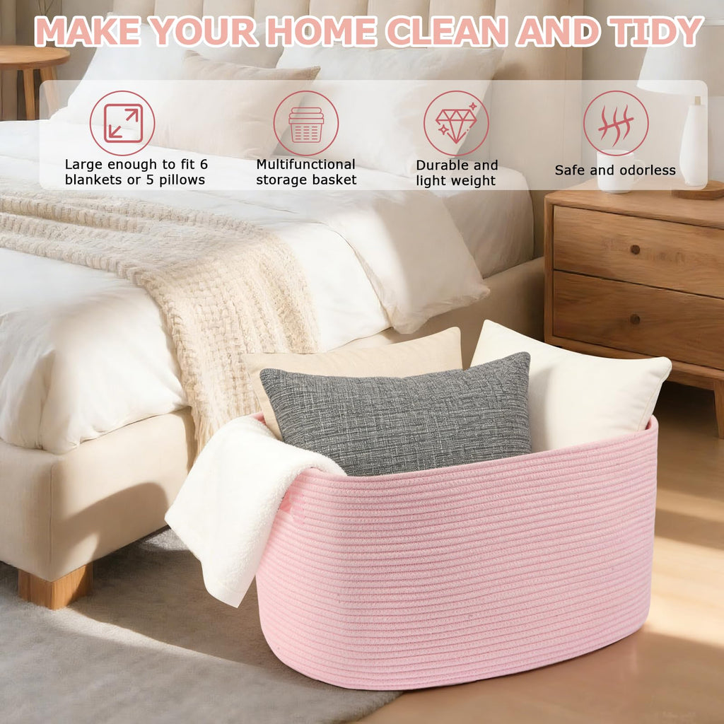 75L Large Woven Storage Basket, Pink Cotton Rope Laundry Hamper with Handles, 22"x17"x12" Rectangle Blanket Basket