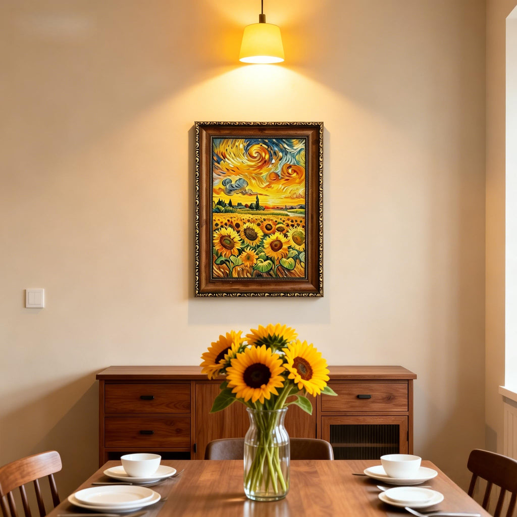 Yellow Sunflower Canvas Wall Art Starry Night Landscape Painting 16x24 In