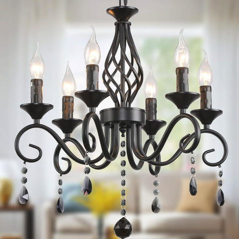 6-Light Farmhouse Black Crystal Candle Chandelier for Living Room, Rustic Industrial Pendant Ceiling Light Fixture, Vintage Hanging Lamp for Bedroom Hallway Kitchen Dining Room Foyer A109-B0DSB3NVVC