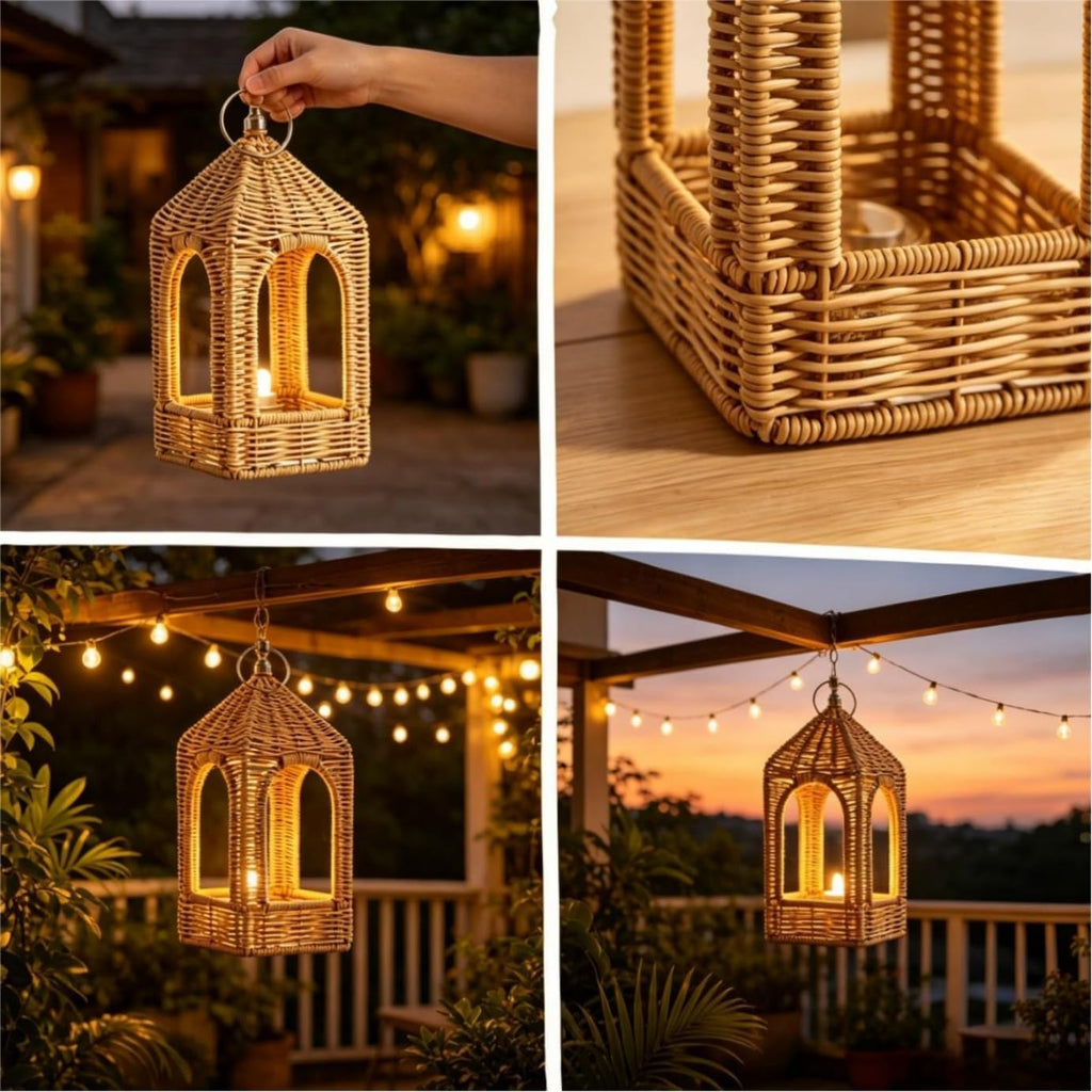 Handmade Artificial Rattan Candle Lantern, Boho Woven Decor Lantern