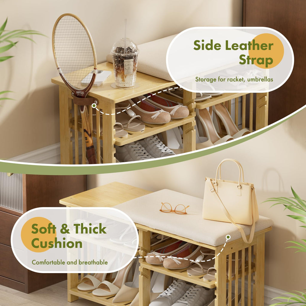 Bamboo Shoe Rack Bench, 3-Tier Shoe Bench Height Adjustable, Entry Bench with Side Storage Strap, Shoes Organizer