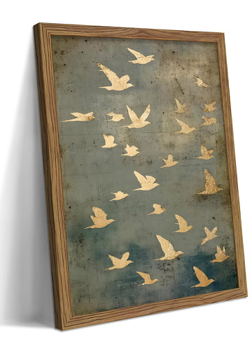 Framed Flock of Birds Canvas Wall Art, Vintage Minimalist Abstract Landscape Painting, Neutral Gold Birds Spiritual