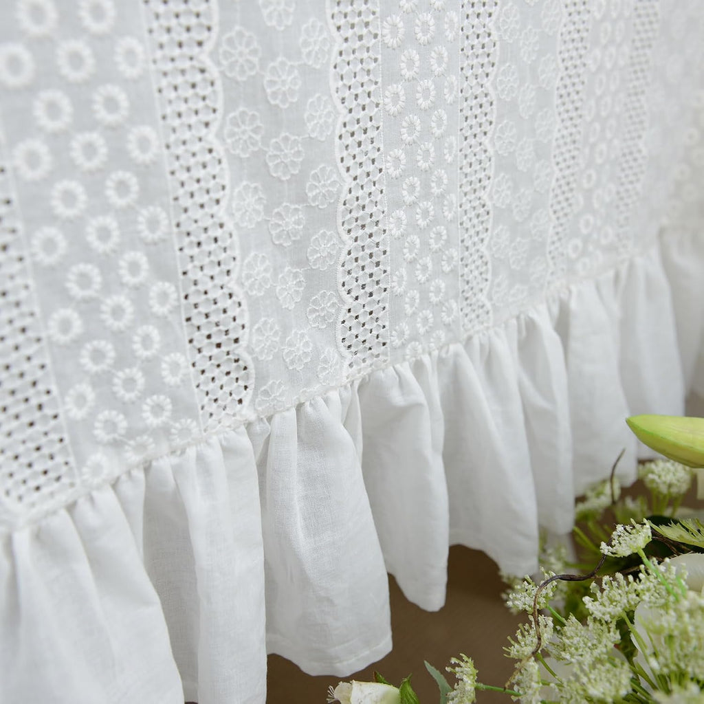 White Cotton Tablecloth Ruffled Lace Embroidered Fabric Tablecloths Rustic French Washable Table Cov