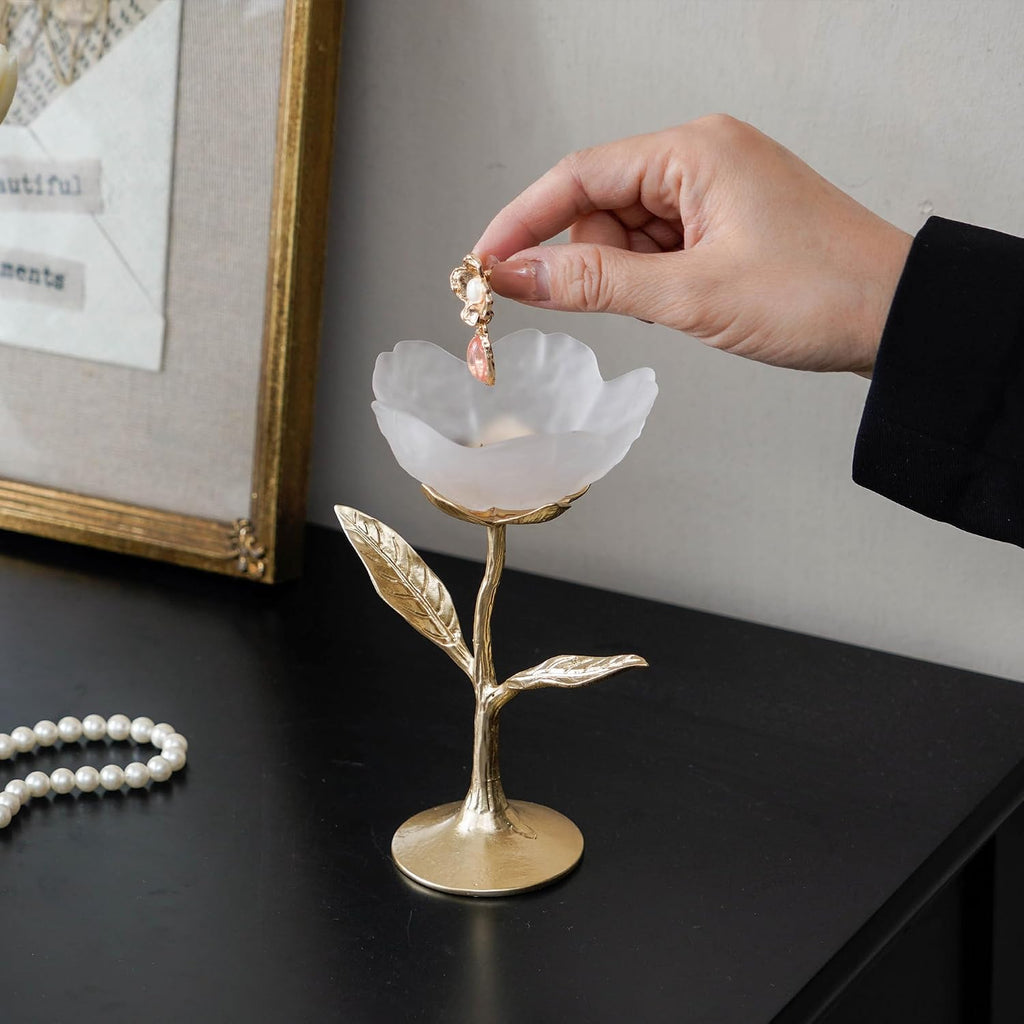 Frosted White Glass Flower Jewelry Tray, Gold Metal Leaf Base, Vanity Catch All for Rings Keys, Vintage Home Decor