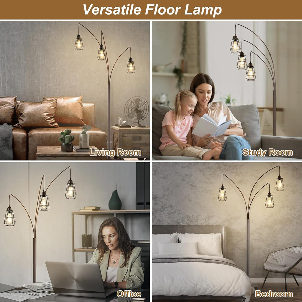 Industrial Floor Lamp, 3 Light Arc Floor Lamps, 76 Inch Tall Standing Lamp with Metal Cage Shades & Foot Switch