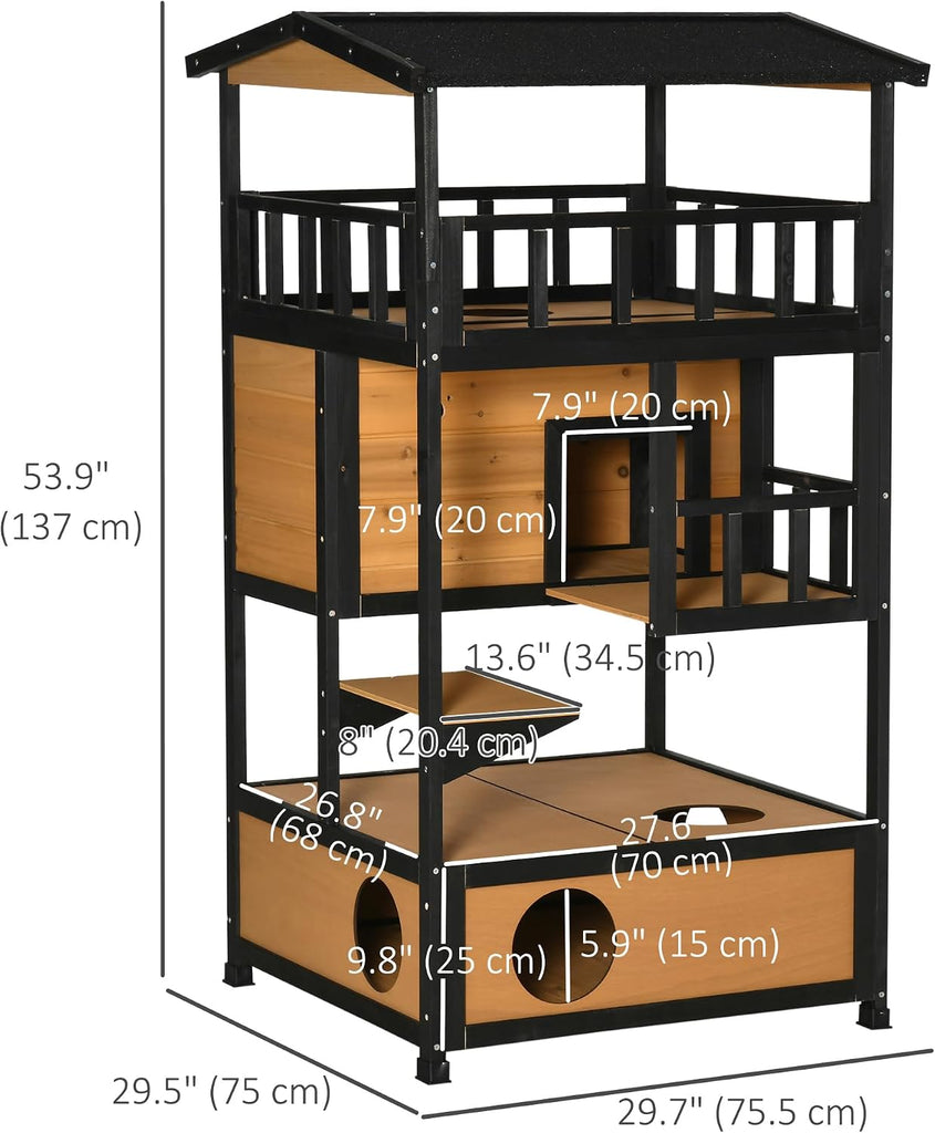 3-Story Wooden Outdoor Cat House w/Raised Floor, 5 Doors Yellow