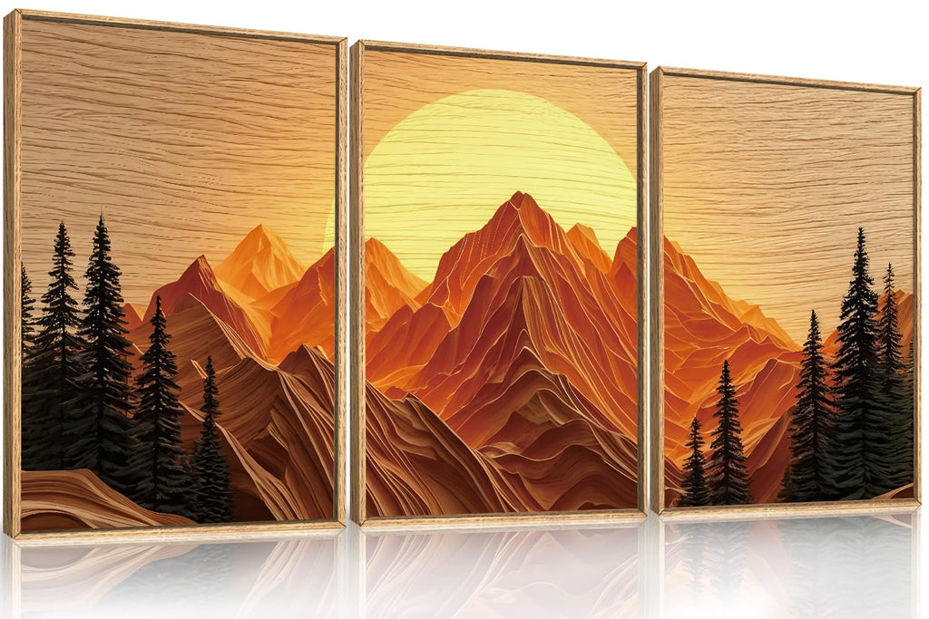 Large Boho Golden Mountain Framed Canvas Wall Art Set-16"x24"x3