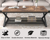 Rustic Coffee Table with Storage, Industrial Wood Metal 2 Tier Center Living Room Table with Mesh Shelf