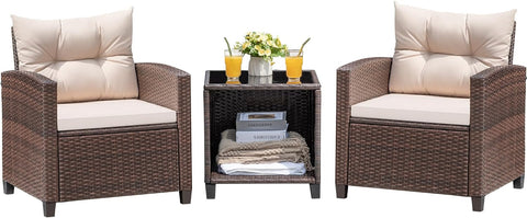 3 Pieces Patio Furniture Set, PE Rattan Wicker Patio Set with Two Outdoor Chairs and Table