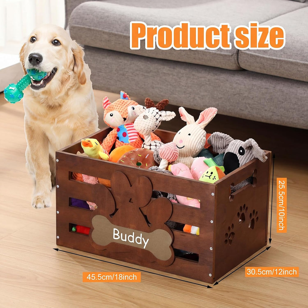 Large Dog Toy Box Wood Storage Box with Handle Label, Dark Brown