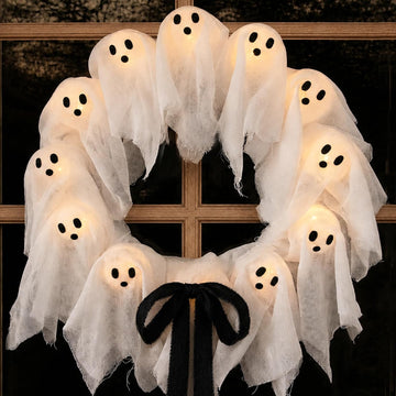 Halloween Decorations Outdoor - 22" Cute Lit Ghost Wreath