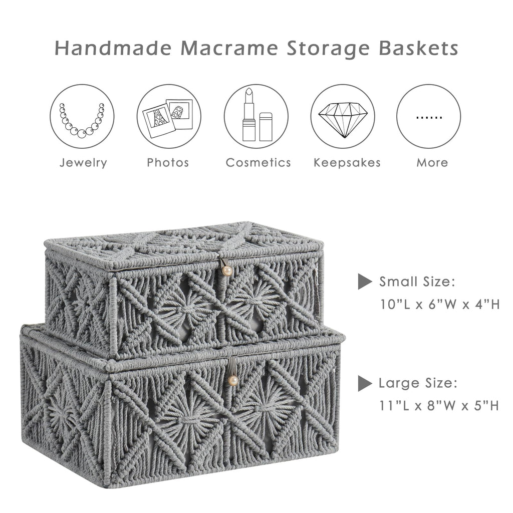 2PCS Decorative Boho Storage Basket with Lid Natural Macrame Box