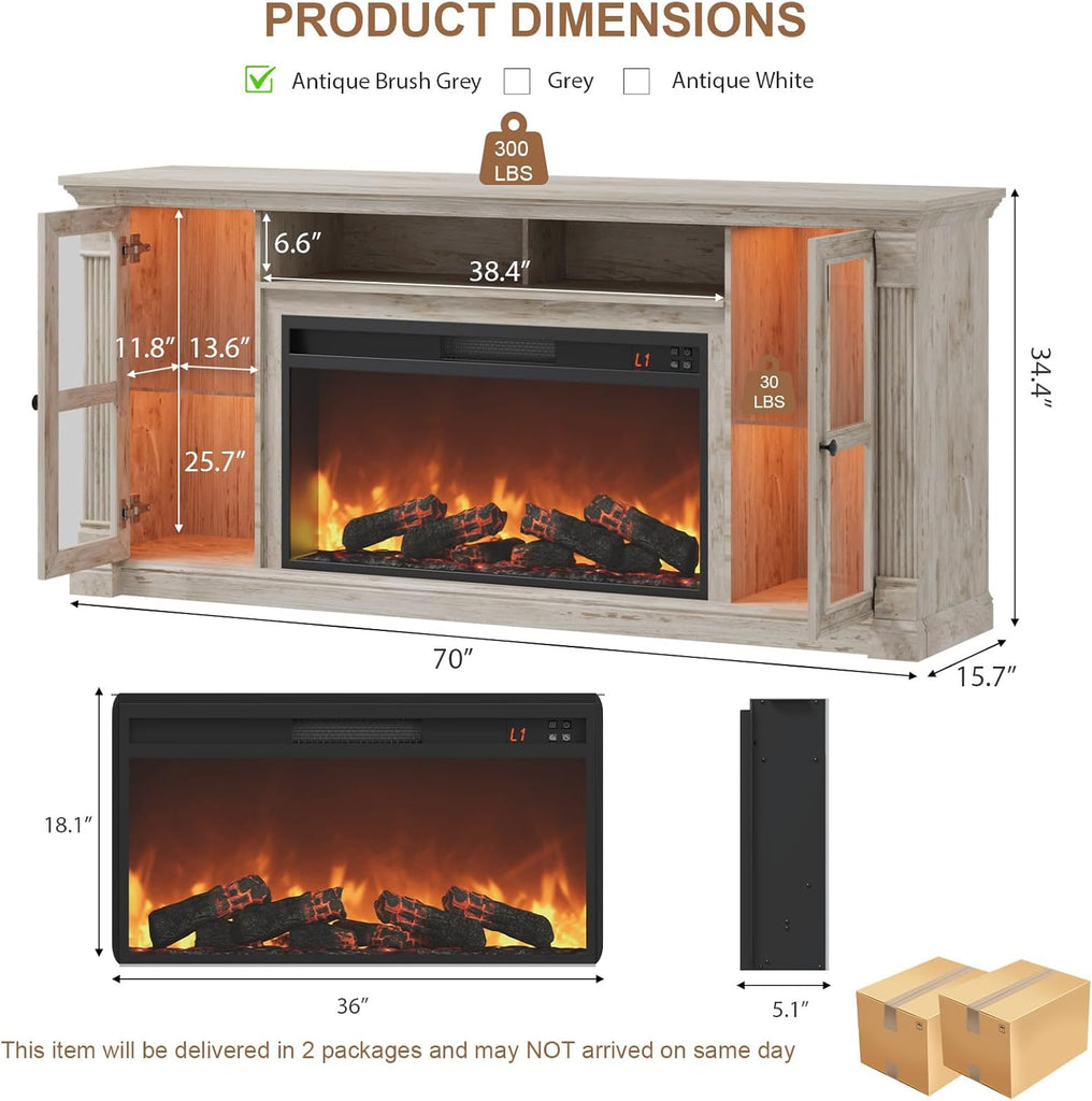 Farmhouse Fireplace TV Stand Up to 80" TVs, 70" Modern Highboy Entertainment Center with 36" Electric Fireplace & LED