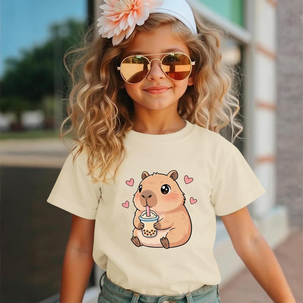 Capybara Shirt for Girls Cute Graphic Tees Kids Kawaii Animal Print T Shirts Funny Cartoon Summer Cotton Tops