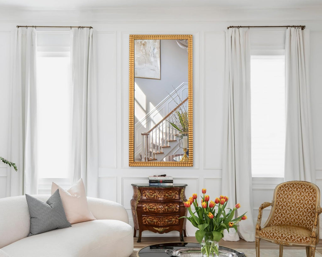 22" x 46" Decorative Wall Mirror Decor, Large Gold Mirror with 3D Wave Wood Carved Frame, Unique Rectangle Wall Decor