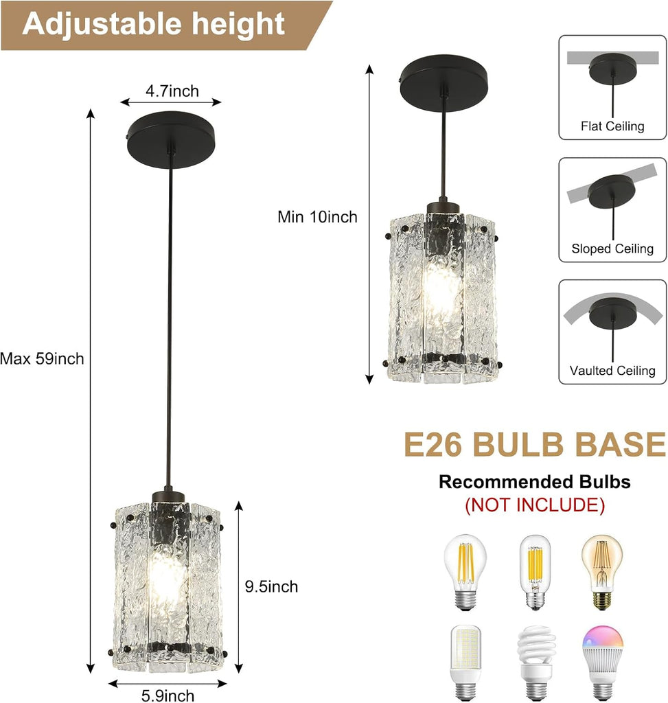 Black Pendant Lights Kitchen Island 2 Pack Modern Water Ripple Glass Pendant Lights Fixtures Round Adjustable Hanging