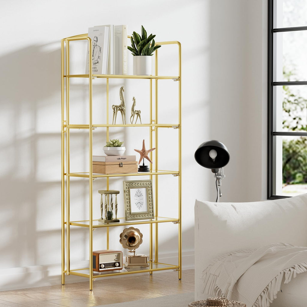 5-Tier Wider Foldable Bookshelf, Gold Frame & Transparent Shelves