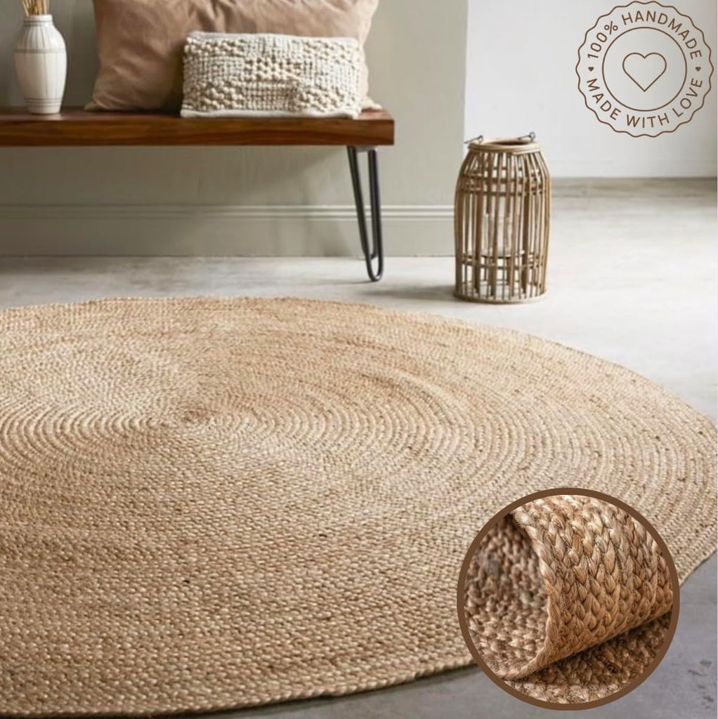 Handwoven Jute Area Rug - 5 feet Round - Natural Yarn - Rustic Vintage Beige Braided Reversible Rug - Eco Friendly