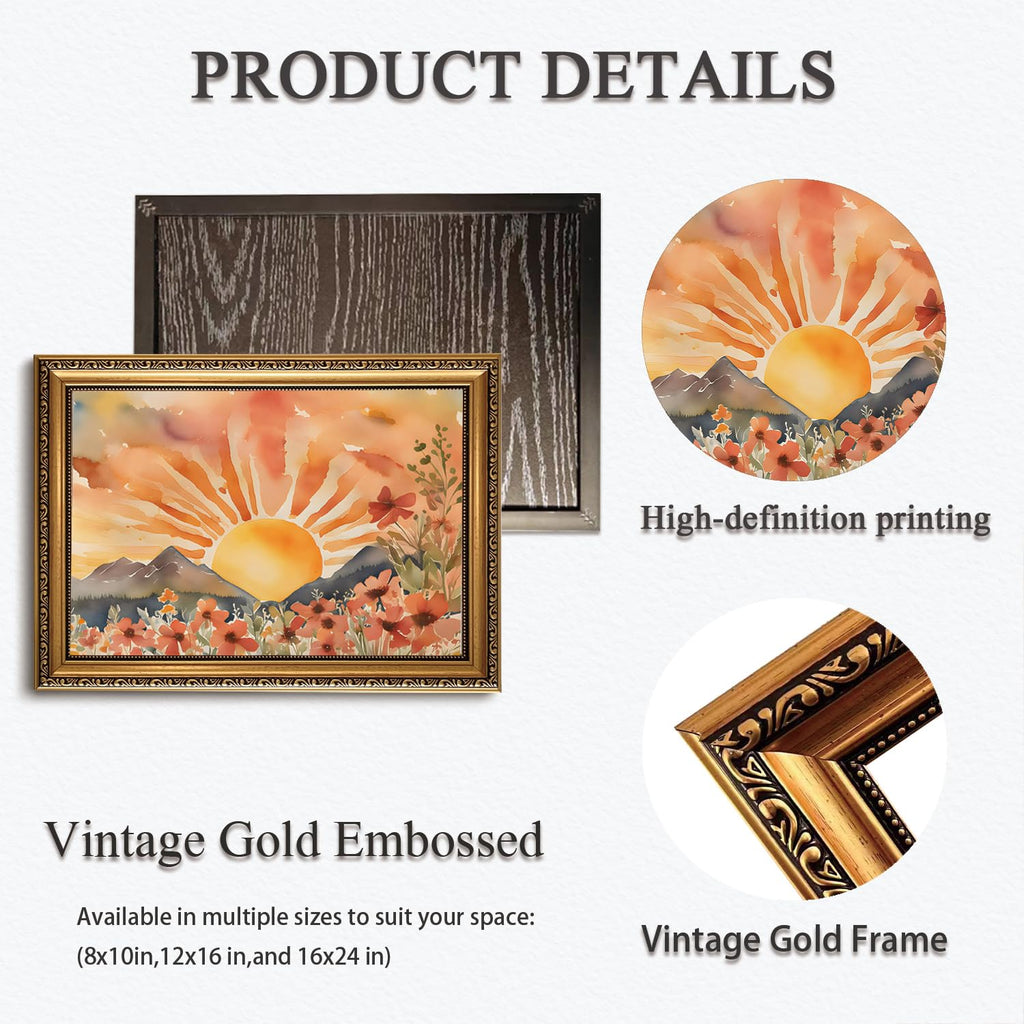 Sunshine Wall Art Sun Picture Wall Decor Sunset Prints Gold Framed Boho Landscape Paintings, Modern Aesthetic Artwork