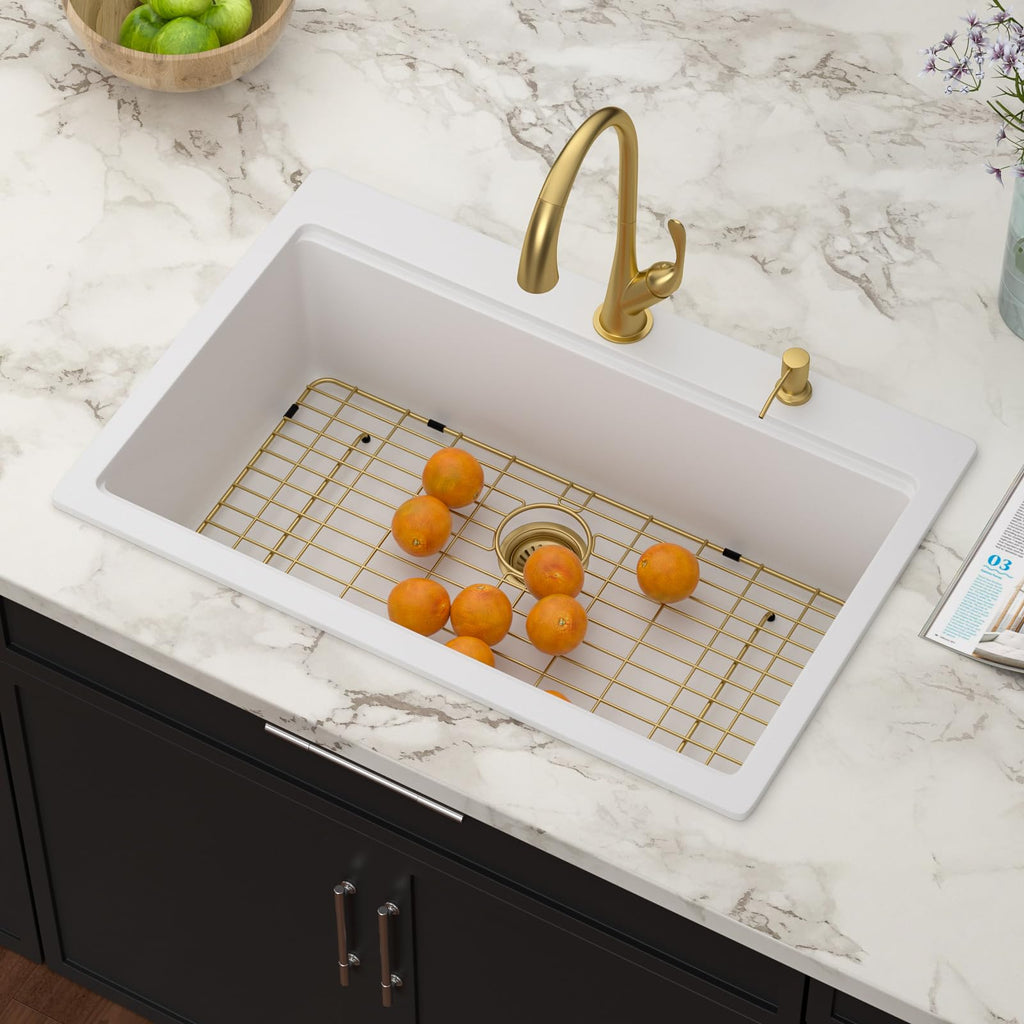 33x22 White Drop In Granite Composite Kitchen Sink with Luxury Accessories