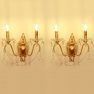 French Vintage Crystal Wall Sconce, Victorian 2-Light Gold Iron Finish, E12 Traditional Candle Style Wall Lamp Vanity