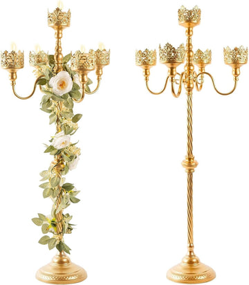 Tall Floor Candle Holders - 2Pcs Gold Candelabra, Metal 5 Arm Candlesticks Party Wedding Aisle Home Decor, 40" Tall